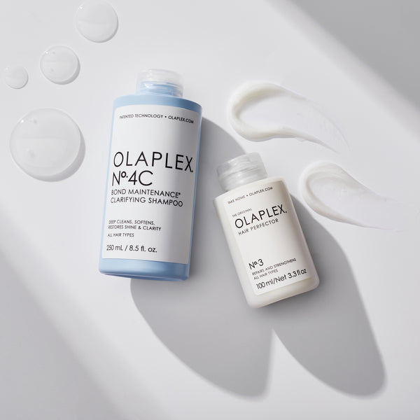 OLAPLEX No.4C Bond Maintenance® Clarifying Shampoo and  OLAPLEX No.5 Bond Maintenance® Conditioner are shown together