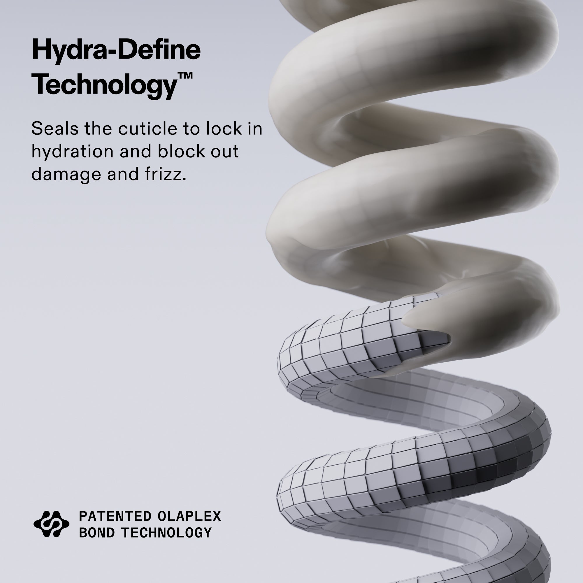 Graphic for Hydra-Define Technology. Text reads: Seals the cuticle to lock in hydration and block out damage and frizz. The image features a 3D illustration of a coiled hair strand with a protective tiled texture representing the sealed cuticle. Includes the Patented OLAPLEX Bond Technology logo.
