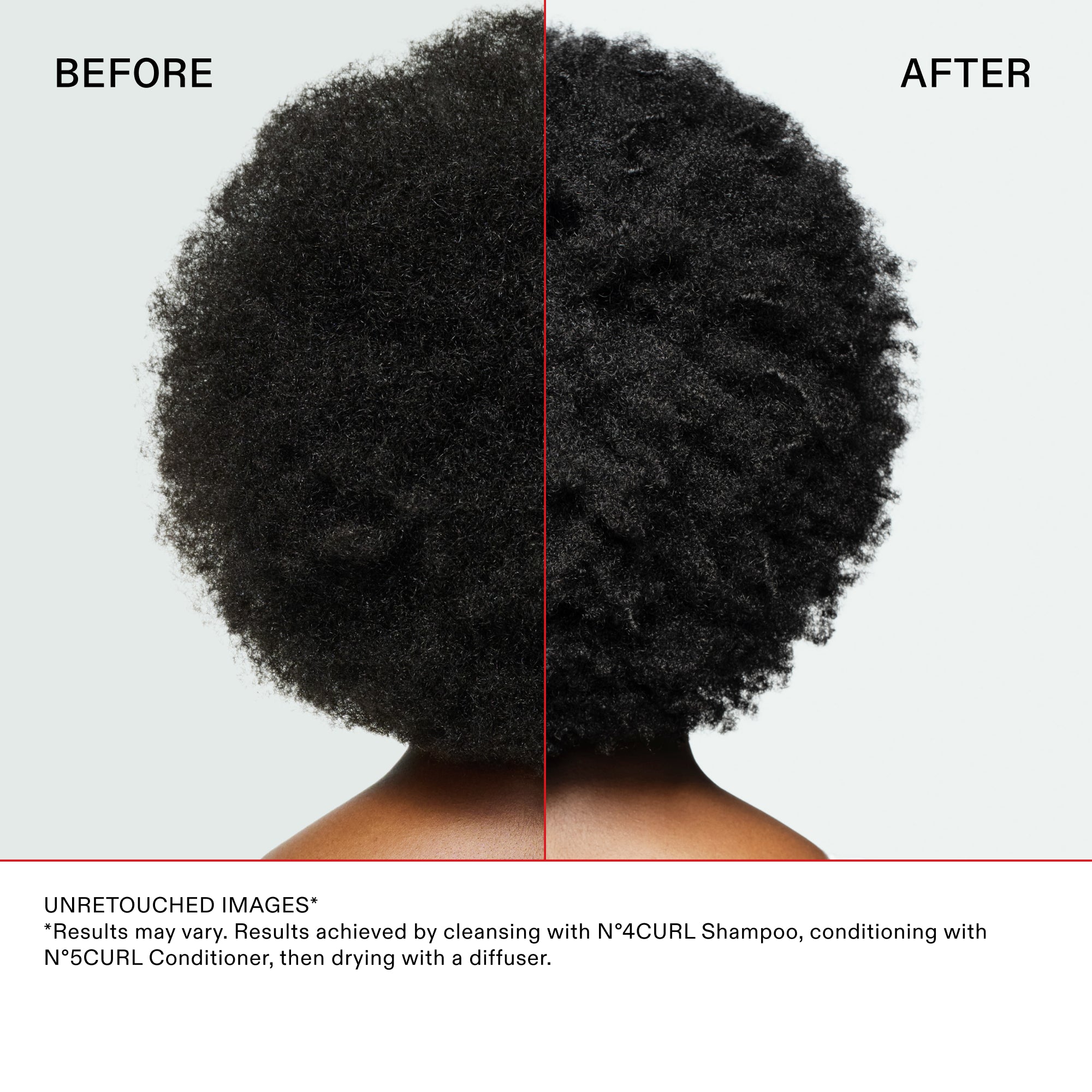 Before and after back-view comparison of coily hair. The 'Before' side shows a soft, undefined texture with visible frizz. The 'After' side shows highly defined, moisturized, and structured coils. Text at the bottom: UNRETOUCHED IMAGES. Results achieved by cleansing with Nº.4CURL Shampoo, conditioning with Nº.5CURL Conditioner, then drying with a diffuser.