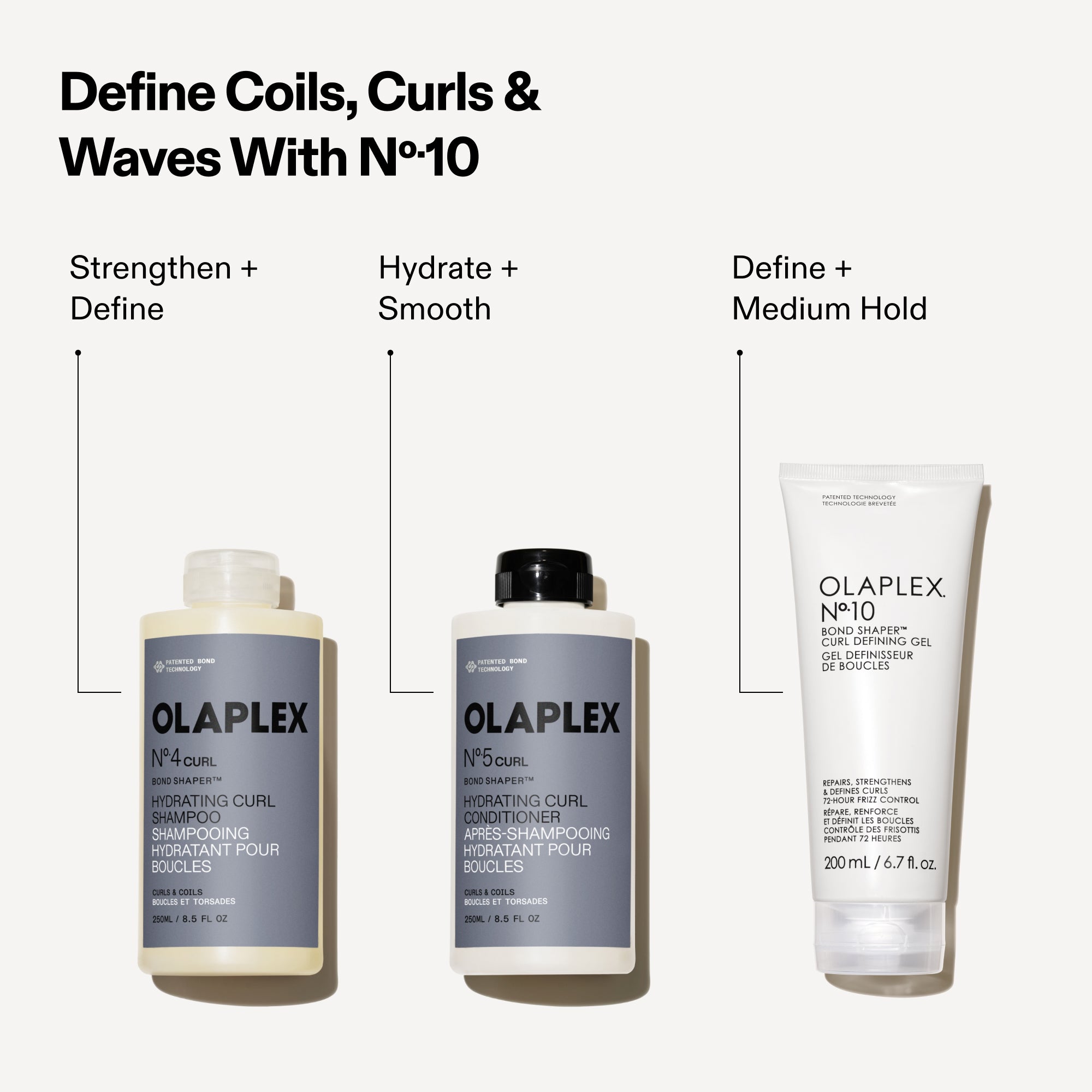 Product routine guide titled 'Define Coils, Curls & Waves With Nº.10.' Three products are shown with their specific benefits: Nº.4CURL (Strengthen + Define), Nº.5CURL (Hydrate + Smooth), and Nº.10 Bond Shaper Curl Defining Gel (Define + Medium Hold). Bottles of the shampoo and conditioner are shown alongside the Nº.10 gel tube.