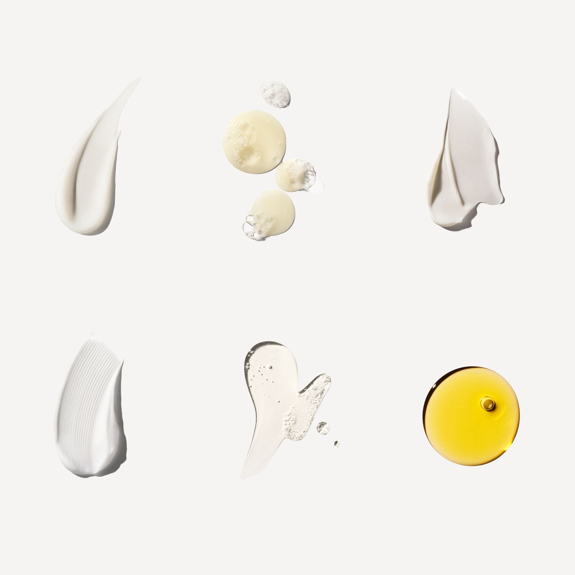 Nº.3 HAIR PERFECTOR®
Nº.4 SHAMPOO
Nº.5 CONDITIONER
Nº.6 BOND SMOOTHER®
Nº.9 BOND PROTECTOR® NOURISHING HAIR SERUM
OLAPLEX N°.7 BONDING OIL™

creamy product swatchS ON WHITE BACKGROUND