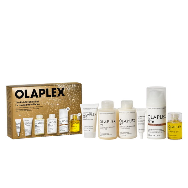 The Full On Shine Set

OLAPLEX N°.0 Intensive Bond Building Treatment (Small bottle next to the box)

OLAPLEX N°.3 Hair Perfector™ (Tube)

OLAPLEX N°.4 Bond Maintenance® Shampoo (Tube/Bottle)

OLAPLEX N°.5 Bond Maintenance® Conditioner (Tube/Bottle)

OLAPLEX N°.6 Bond Smoother® (White bottle with pump dispenser)

OLAPLEX N°.7 Bonding Oil™ (Small yellow bottle) - main view