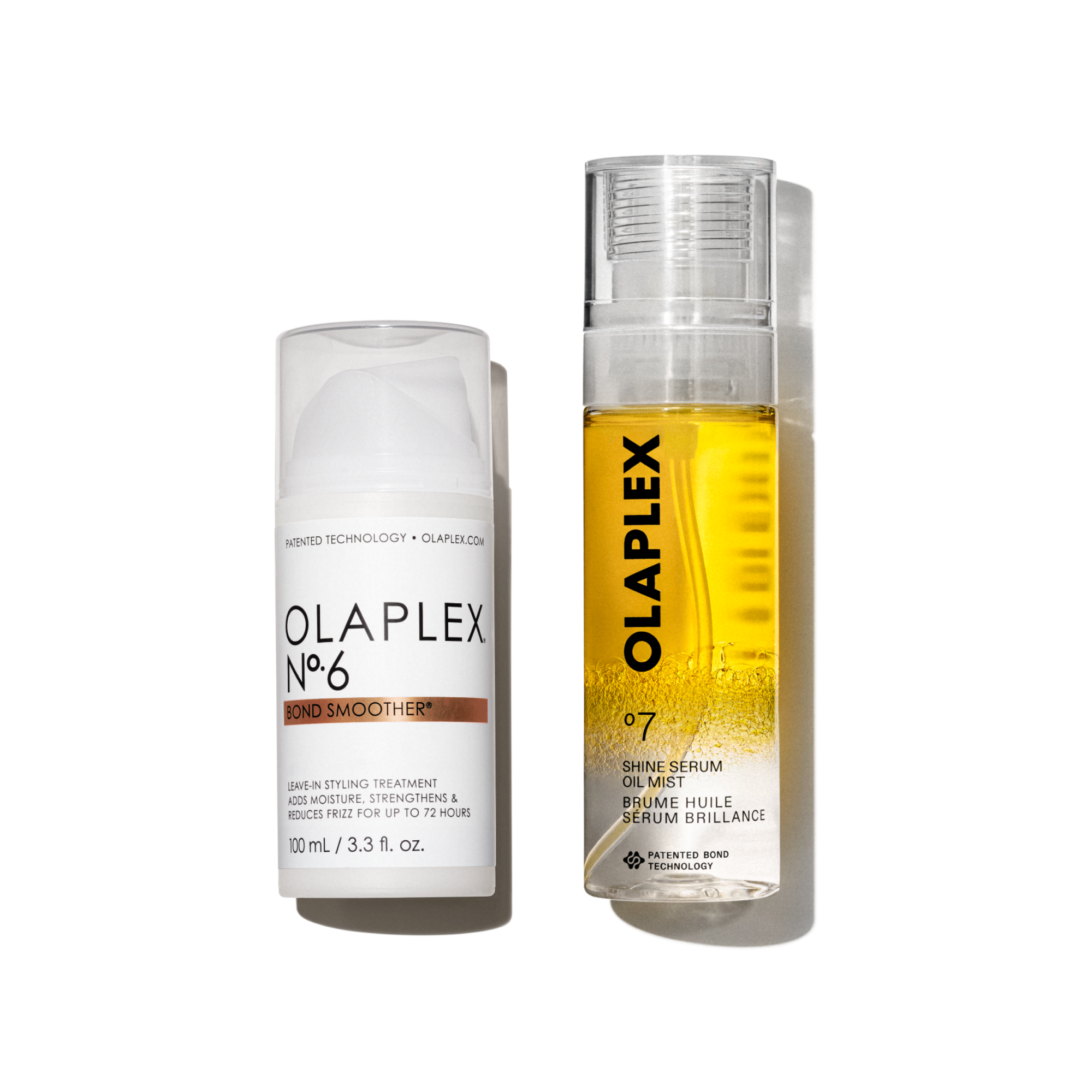 Two Olaplex hair products stand side by side against a clean white background. On the left is Olaplex No.6 Bond Smoother, a white pump bottle with a clear cap. On the right is a slightly taller bottle of Olaplex No.7 Shine Serum Oil Mist, a clear spray bottle showing a vibrant golden-yellow liquid inside. Both bottles feature the brand's classic minimalist design with clean black lettering.