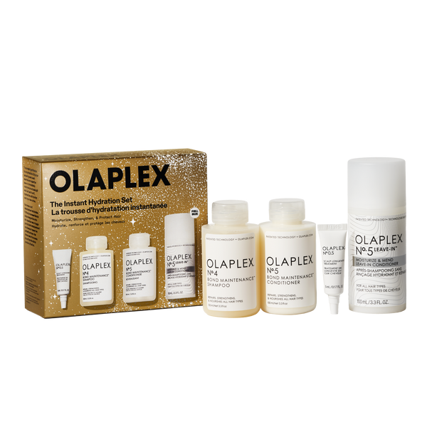 OLAPLEX

The Instant Hydration Set

La Trousse d'Hydratation Instantanée

OLAPLEX N°4 BOND MAINTENANCE® SHAMPOO (on the small bottles and the larger bottle next to them)

OLAPLEX N°5 BOND MAINTENANCE® CONDITIONER (on the small bottles and the larger bottle next to them)

OLAPLEX Nº.5 LEAVE-IN™ CONDITIONER (on the white tube) - main view