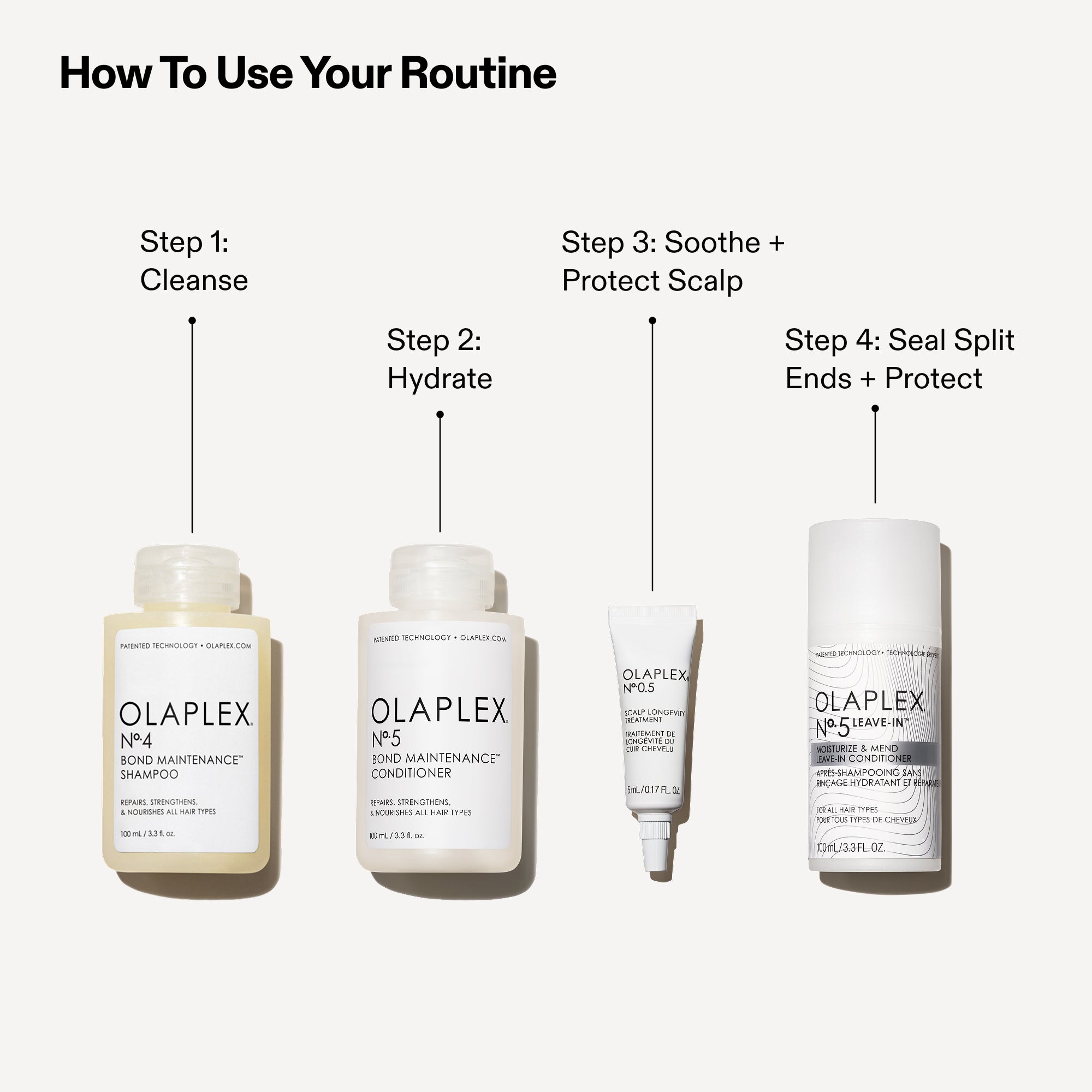 Step 1: Cleanse

(Product shown: OLAPLEX N°4 BOND MAINTENANCE® SHAMPOO)

Step 2: Hydrate

(Product shown: OLAPLEX N°5 BOND MAINTENANCE® CONDITIONER)

Step 3: Soothe + Protect Scalp

(Product shown: OLAPLEX N°.5 SCALP LONGEVITY TREATMENT)

Step 4: Seal Split Ends + Protect

(Product shown: OLAPLEX N°.5 LEAVE-IN™ CONDITIONER)