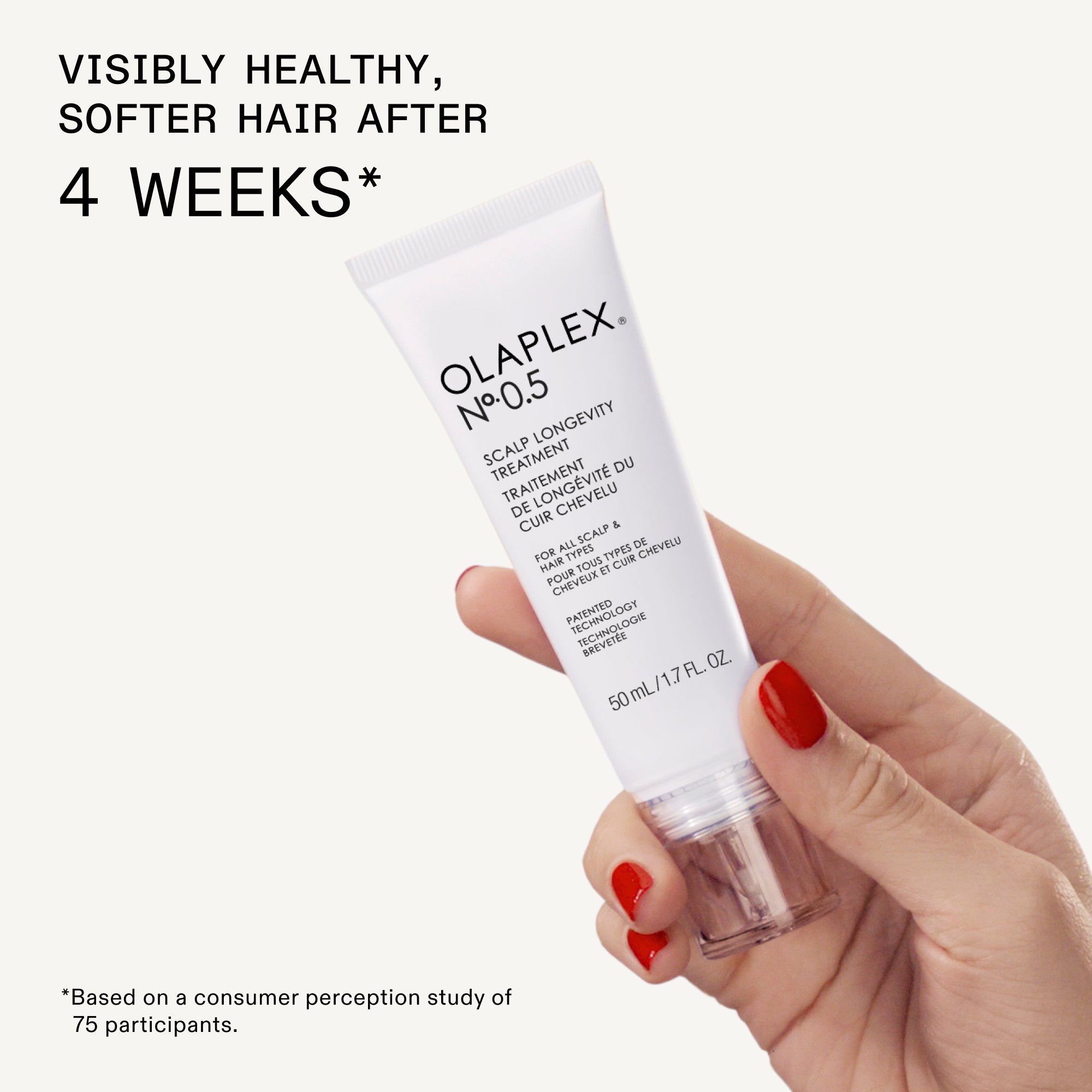 VISIBLY HEALTHY, SOFTER HAIR AFTER 4 WEEKS*

Below the of the product, there is a footnote:

*Based on a consumer perception study of 75 participants.

The product shown in the is OLAPLEX Nº.5 SCALP LONGEVITY TREATMENT, with the size listed as 50ML/1.7FL.OZ.