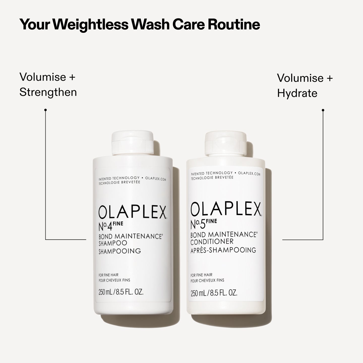 Your Weightless Wash Care Routine  

Volumise + Strengthen (Text above left bottle)

Volumise + Hydrate (Text above right bottle)