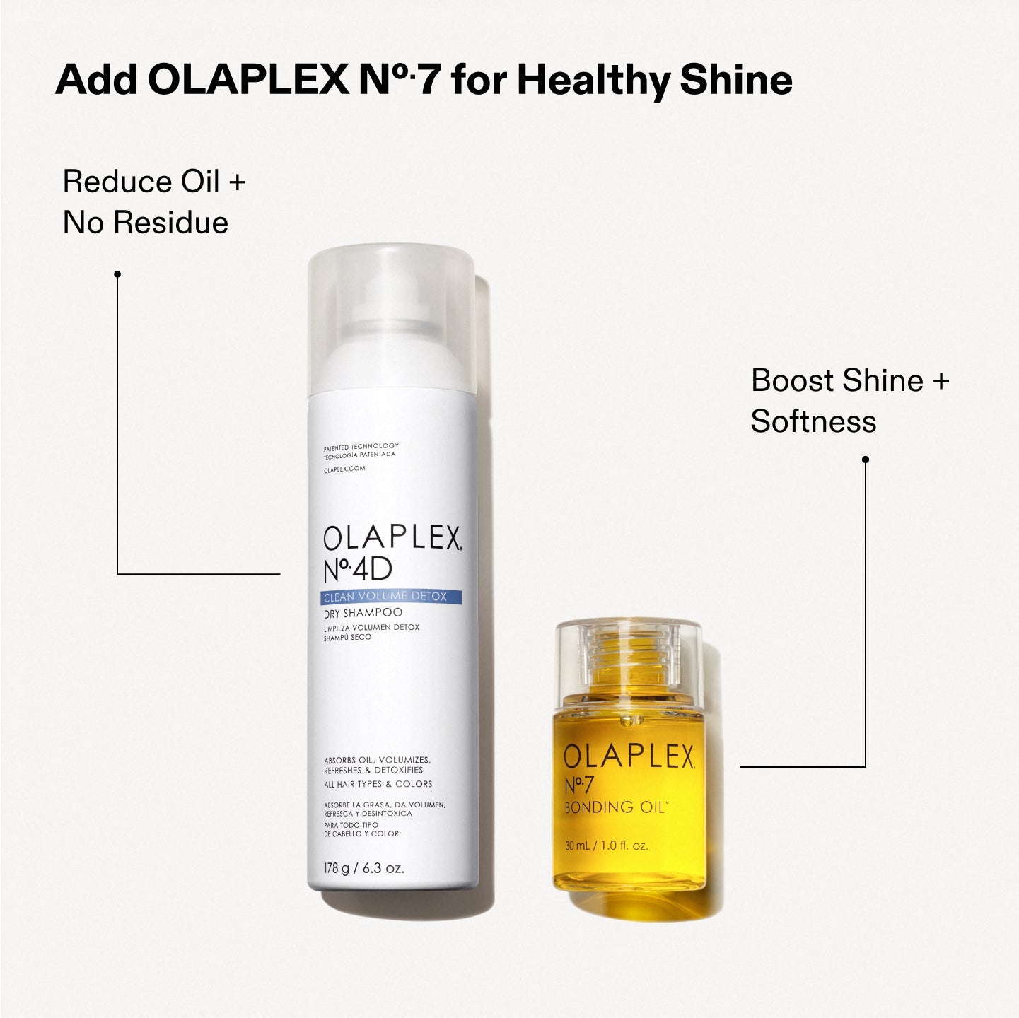 Add OLAPLEX Nº.7 for Healthy Shine

Reduce Oil + No Residue

Boost Shine + Softness

(Text on the bottles: OLAPLEX Nº.4D DRY SHAMPOO ... OLAPLEX Nº.7 BONDING OIL)