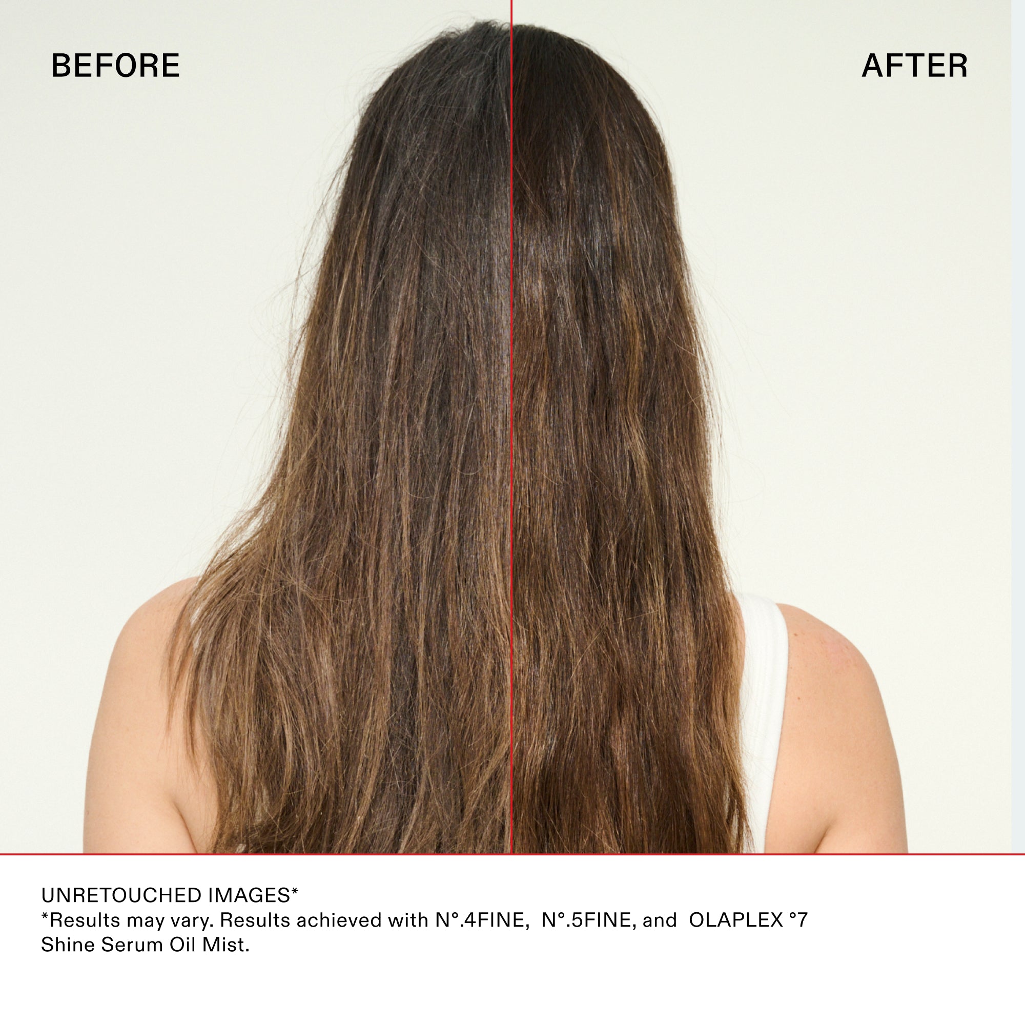 A split-screen before and after comparison of a person's straight, dark brown hair from behind, divided by a thin vertical red line. The left "Before" side displays slightly dull, unstyled hair, while the right "After" side shows significantly smoother, sleeker, and shinier results. Text below reads: "UNRETOUCHED IMAGES* *Results may vary. Results achieved with Nº.4FINE, Nº.5FINE, and OLAPLEX º7 Shine Serum Oil Mist.