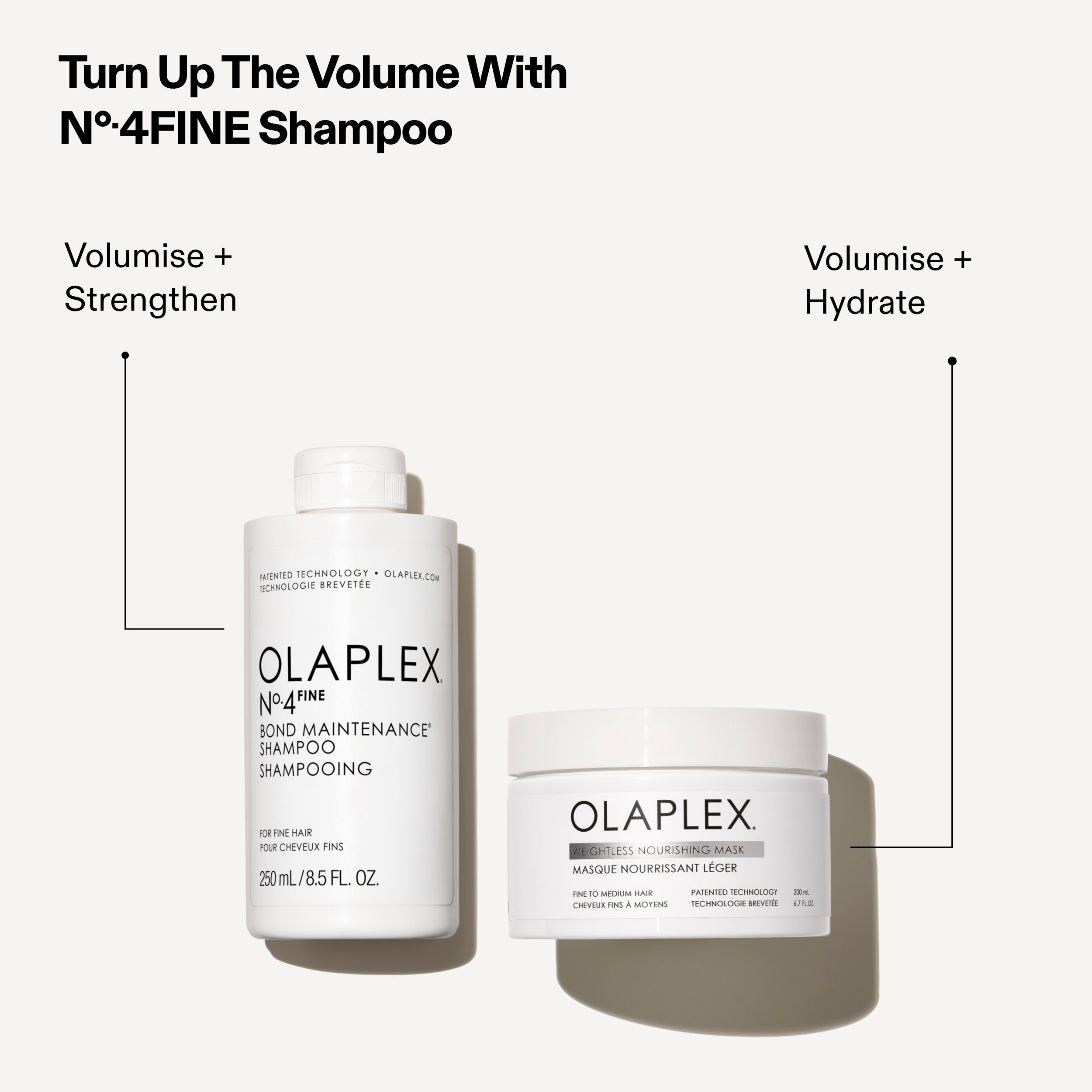Main Title: Turn Up The Volume With Nº.4FINE Shampoo

Product 1 (Left Bottle):
Action: Volumise + Strengthen
Label Text (Full Name): OLAPLEX Nº.4FINE BOND MAINTENANCE SHAMPOO

Label Size: 250mL / 8.5 fl. oz.
Product 2 (Right Jar):
Action: Volumise + Hydrate
Label Text (Full Name): OLAPLEX WEIGHTLESS NOURISHING MASK
Label Subtitle: MASQUE NOURRISSANT SANS LESTER