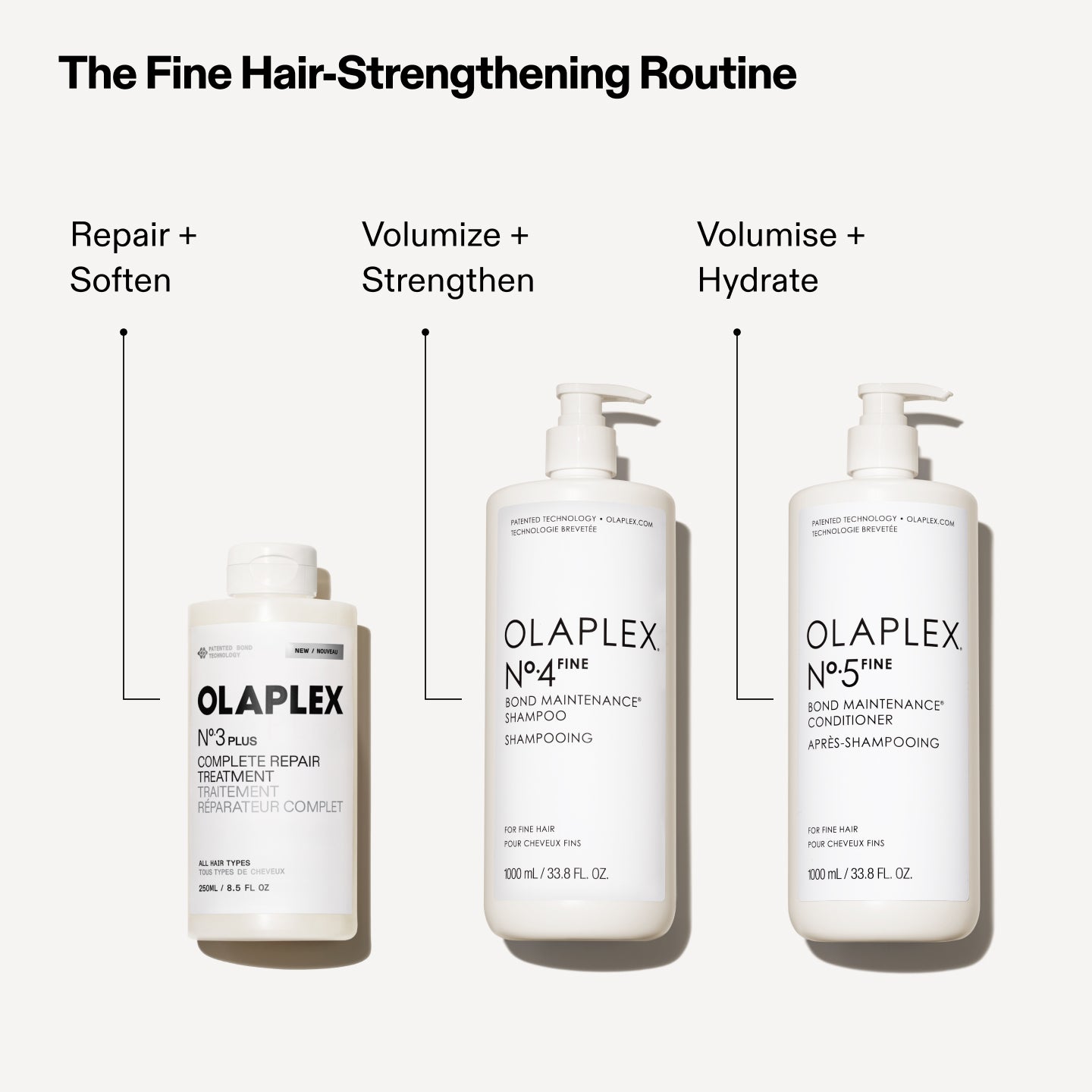 Nº.3PLUS COMPLETE REPAIR TREATMENT - REPAIR + SOFTEN

N°.4FINE SHAMPOO - VOLUMISE + STRENGHTEN

N°.5FINE CONDITIONER - VOLUMISE + HYDRATE

