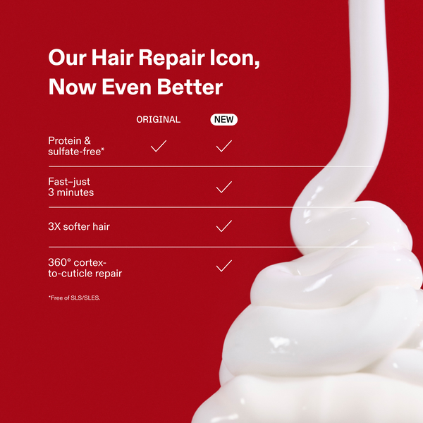 hover

This from the N°.3PLUS COMPLETE REPAIR TREATMENT product page compares the features of the original formula versus the new one. 

Comparison chart titled "Our Hair Repair Icon, Now Even Better" showing a side-by-side of the ORIGINAL and NEW formulas. A white, creamy product texture is shown on a red background. Both formulas are protein and sulfate-free. The NEW formula includes additional benefits: fast results in just 3 minutes, 3X softer hair - alternate view