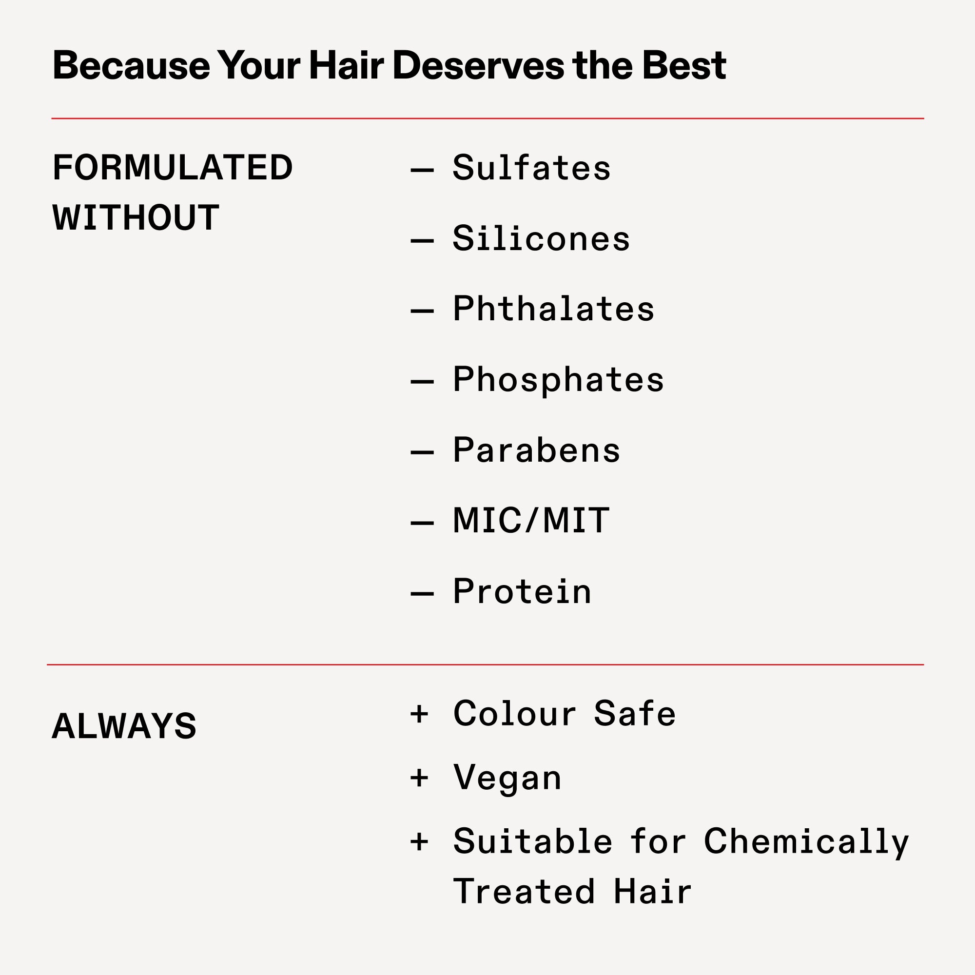 FORMULATED WITHOUT
SLS/SLES
Silicones
Phthalates
Phosphates
Parabens
MIC/MIT
Protein

ALWAYS
Colour Safe
Vegan
Suitable for Chemically Treated Hair