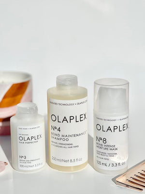 OLAPLEX No.3 Hair Perfector™, No.8 Bond Intense Moisture Mask, and No.4 Bond Maintenance® Shampoo