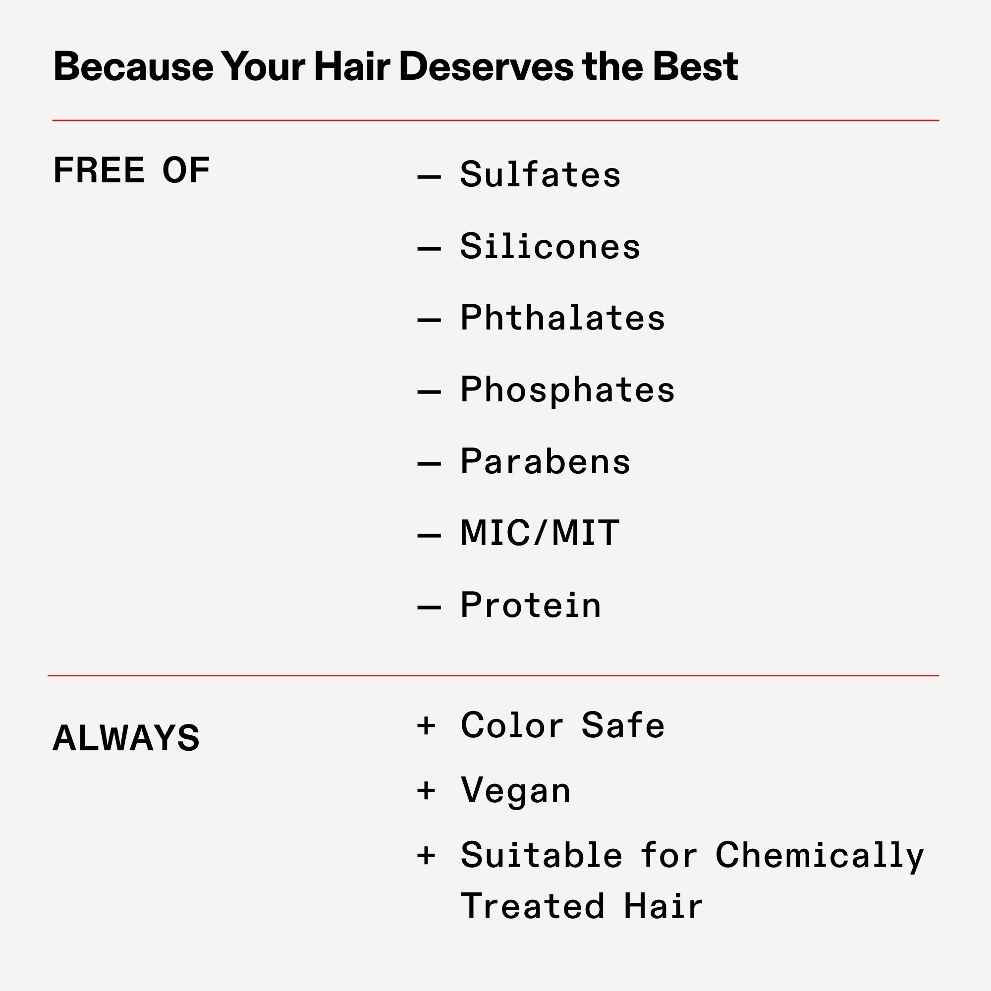 FREE OF
SLS/SLES
Silicones
Phthalates
Phosphates
Parabens
MIC/MIT
Protein

ALWAYS
Color Safe
Vegan
Suitable for Chemically Treated Hair